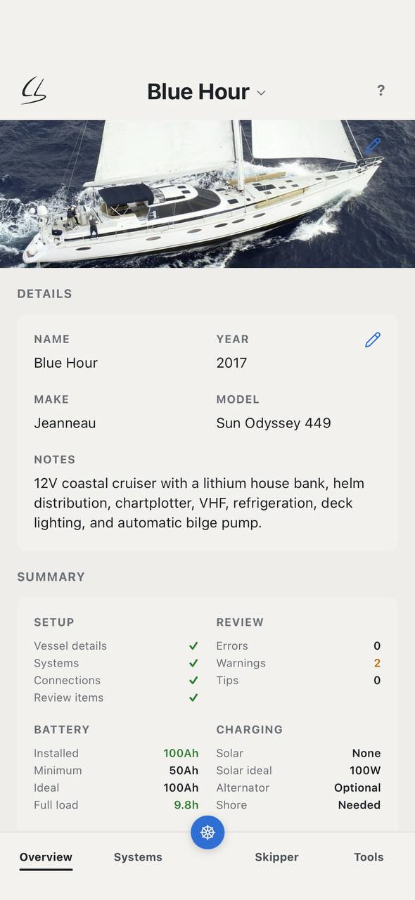 Circuit Skipper app showing the vessel overview for Blue Hour, a Jeanneau Sun Odyssey 449