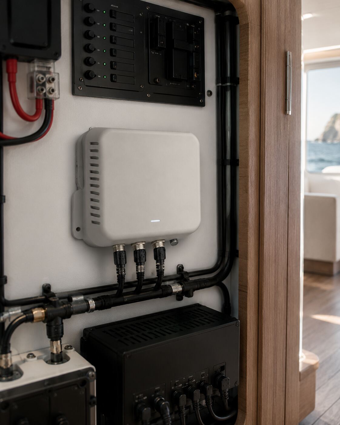 Offshore Intelligence onboard AI computer mounted in a vessel's electrical compartment, wired into the breaker panel and DC bus