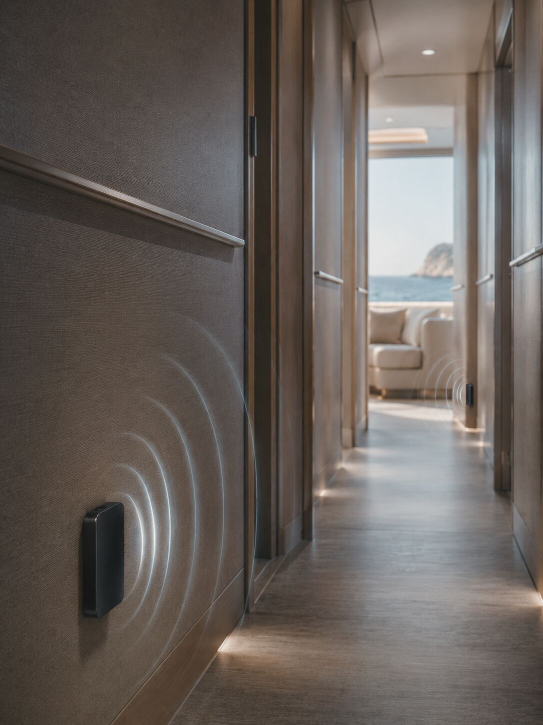 mmWave sensor mounted in a yacht corridor, with concentric signal waves illustrating its sensing field